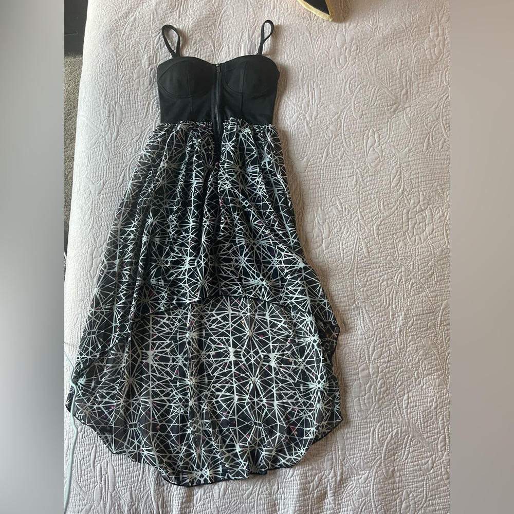 Material Girl Black Strapless Dress with White Geometric Print and Pink Accents